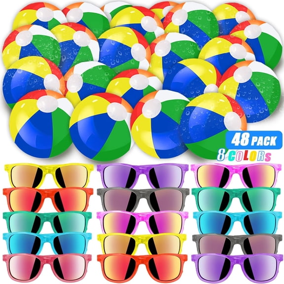 48 Pieces Summer Sunglasses Beach Balls Bulk Party Favors for Kids 24Pack Neon Sunglasses 24Pack Beach Balls Kid Boys Girls Graduation Party Supplies for Beach Day Pool Party Favors Goodie Bag Favors