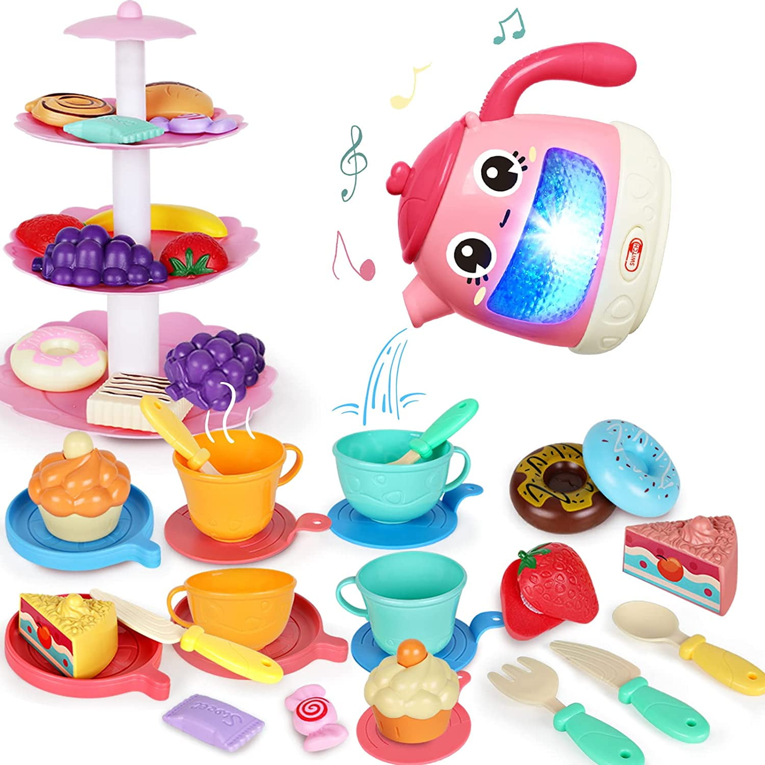 48 Pieces Tea Set for Little Girls, Pretend Party Tea Set Toy for Toddlers, Teapot with Music \u0026 Light \u0026 Sound