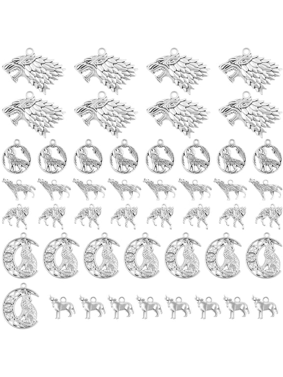 Mixed Wolf Shape Charms, Silver Vintage Alloy Animal Head Dangle Pendants for Diy Earrings Jewelry Making Craft Projects, 6 Styles, 48 Pieces