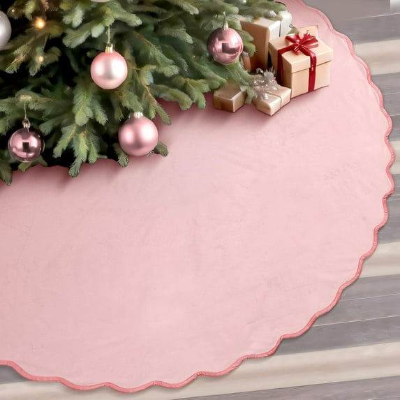 48" Pink Velvet Christmas Tree Skirt, Neutral Modern Scalloped Edge Xmas Tree Mat, Minimalist Holiday Tree Skirt for Home, Indoor & Outdoor Christmas Decorations, Party & Seasonal Décor