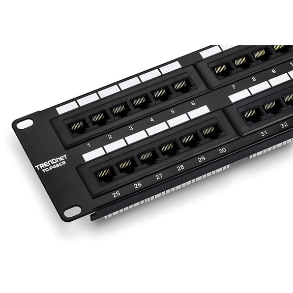 48-Port Cat6 Unshielded Patch Panel, Wallmount or Rackmount, Compatible with Cat3,4,5,5e,6 Cabling, for Ethernet, Fast Ethernet, Gigabit Applications, Black, TC-P48C6