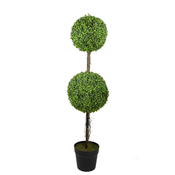 48" Potted Two Tone Green Double Ball Boxwood Topiary Artificial Garden Tree
