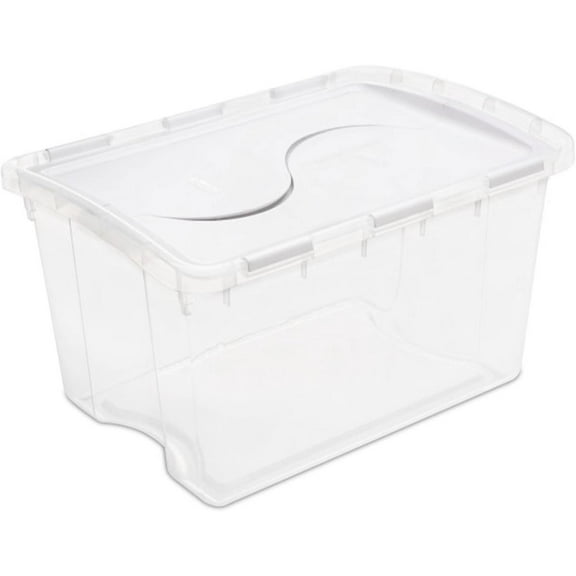 48 Qt Hinged Lid Storage Box, Stackable Bin with Lid, Plastic Container to Organize Home, Office, Basement, Clear with White Lid, 6-Pack