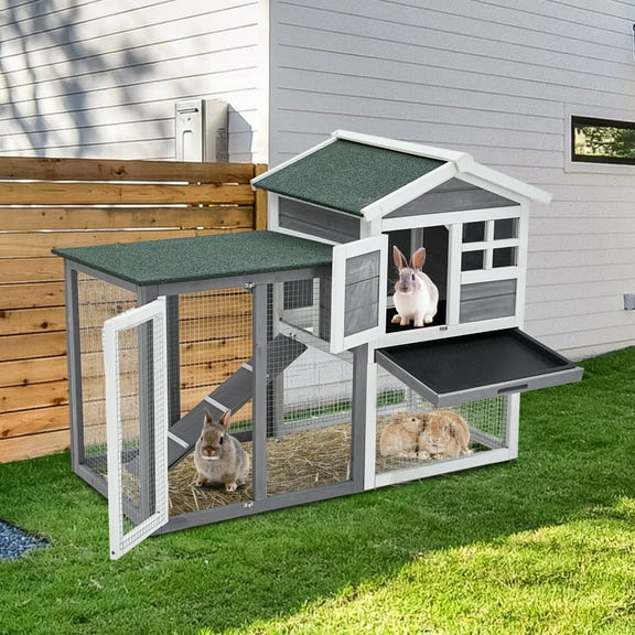 48'' Rabbit Hutch for Small Animals - Wood Pet Cage with Lockable Doors, Weather-Resistant Design, Open Courtyard, Wire Fence, and Cleaning Tray