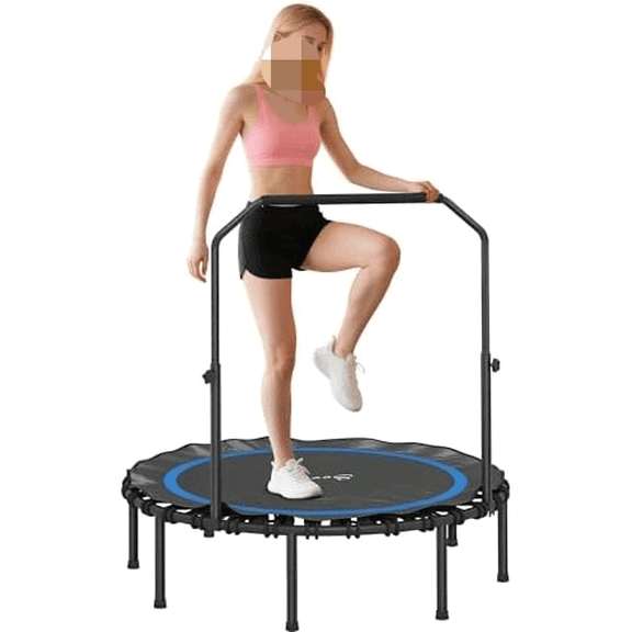 48" Rebounder Trampoline for Adults, 440lbs Foldable Mini Trampoline with Adjustable Handle, Quiet and Safe Bungee Rebounder Jumping Cardio Trainer for Indoor Outdoor Fitness Workout, Blue