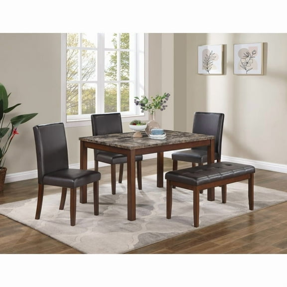 48" Rectangular 5-Piece Dining Set (Espresso, Faux Marble Top+Faux Leather Seats  4-Seat: Table+Chairs+Bench, for Small Spaces)