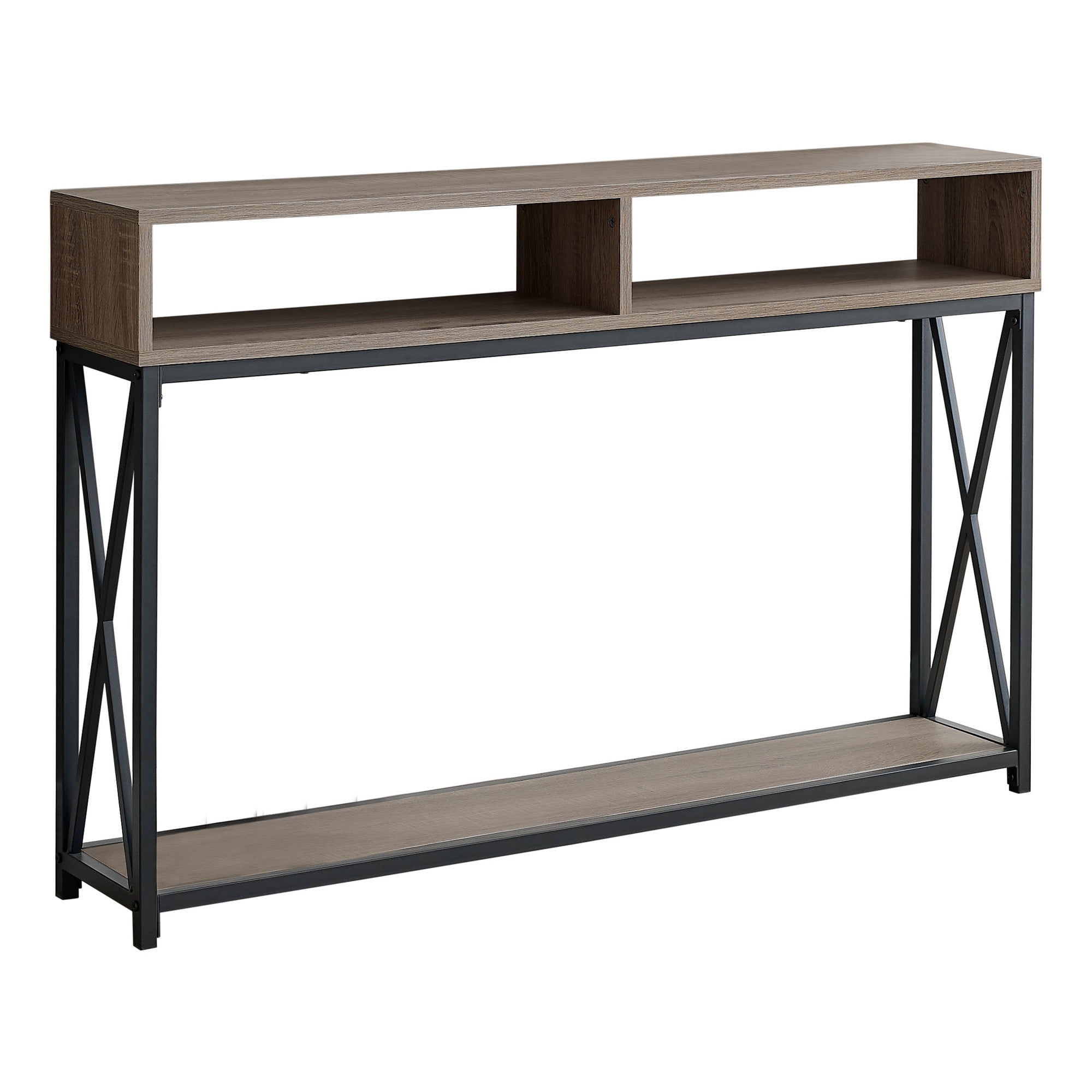 Taupe and Black Metal Console Table with Storage Shelves