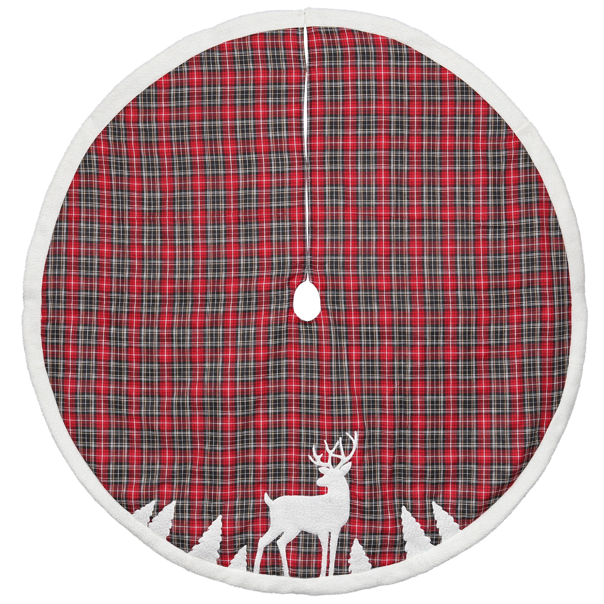 48" Red and Black Plaid Linen Christmas Tree Skirt with Reindeer Applique