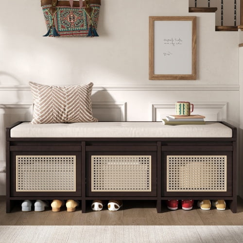 48" Retro Entryway Shoe Storage Bench with Rattan Drawers & Removable Button-Tufted Cushion, Espresso