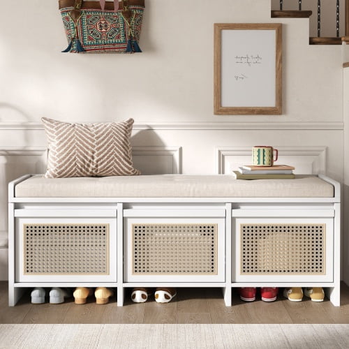 48" Retro Entryway Shoe Storage Bench with Rattan Drawers & Removable Button-Tufted Cushion, White