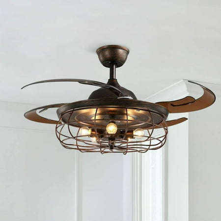 48" Retro Invisible Ceiling Fan Light Vintage Cage Chandelier Retractable Blades