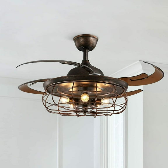 48" Retro Invisible Ceiling Fan Light Vintage Cage Chandelier Retractable Blades