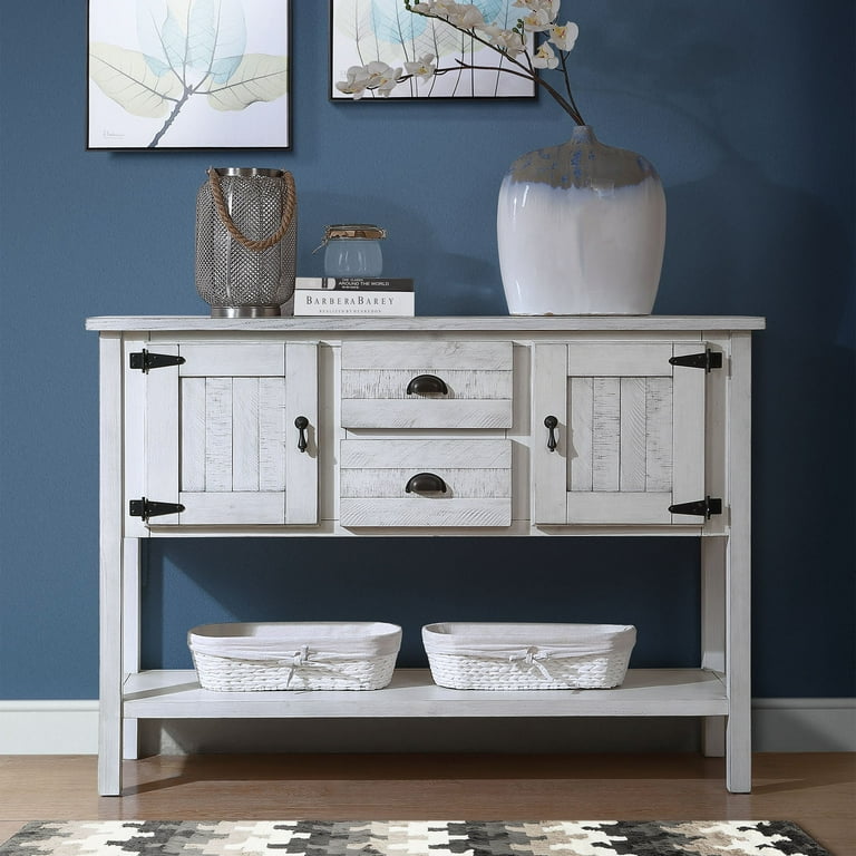 48 Solid Wood Sideboard Console Table with 2 Drawers and Cabinets and Bottom Shelf Retro Style Storage Dining Buffet Server Antique White