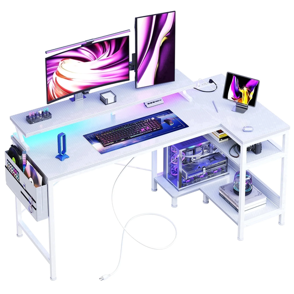 48" Reversible L-Shaped Gaming Desk | Computer Desk with USB/Type-C Charging, Power Outlets & LED Lights, Storage Shelves & Monitor Stand for Gaming Room & Home Office