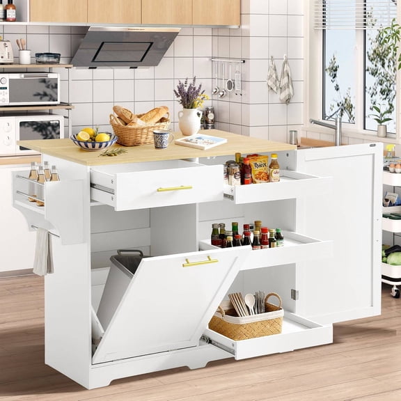 48" Rolling Kitchen Island with Drop Leaf Countertop, Hidden Trash Cabinet, Pull-Out Shelves & Spice Rack (White)