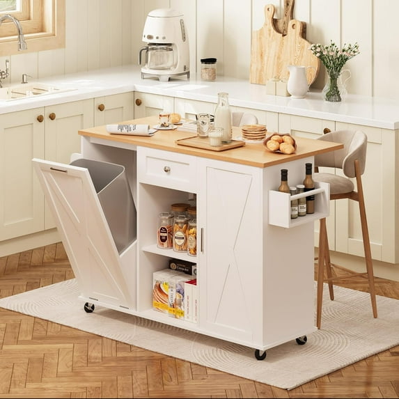 48" Rolling Kitchen Island with Drop Leaf & Trash Can Storage, Kitchen Island Cart with Spice Rack & Towel Rack, Mobile Island Table for Kitchen