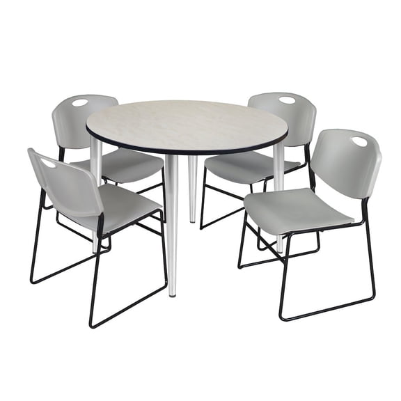 48" Round Breakroom Table- Maple Top- Chrome Base & 4 Zeng Stack Chairs- Grey