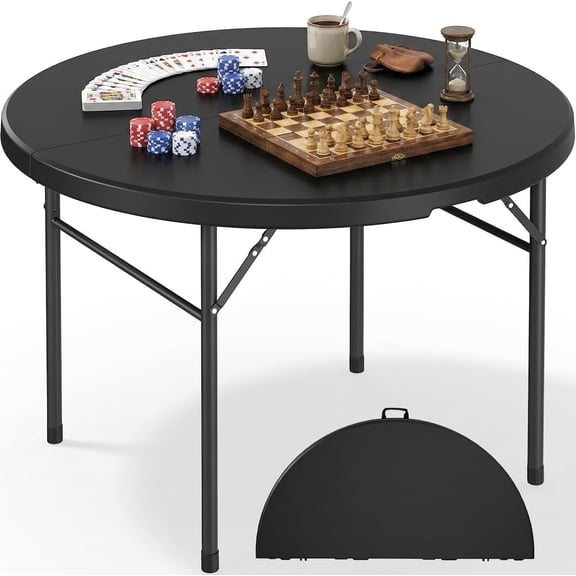 48" Round Folding Table Black Heavy Duty Plastic Outdoor Indoor Portable Banquet Card Table with Thick Top and Strong Steel Frame for Picnic Camping Party Event Hosting Solutions