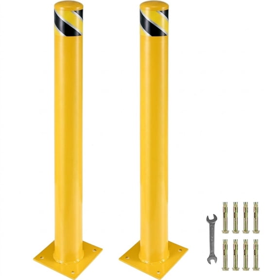 48" Safety Bollard Post, 5.5" Diameter Steel Pipe with 8 Anchor Bolts, High Visibility Yellow Security Bollard for Traffic Control