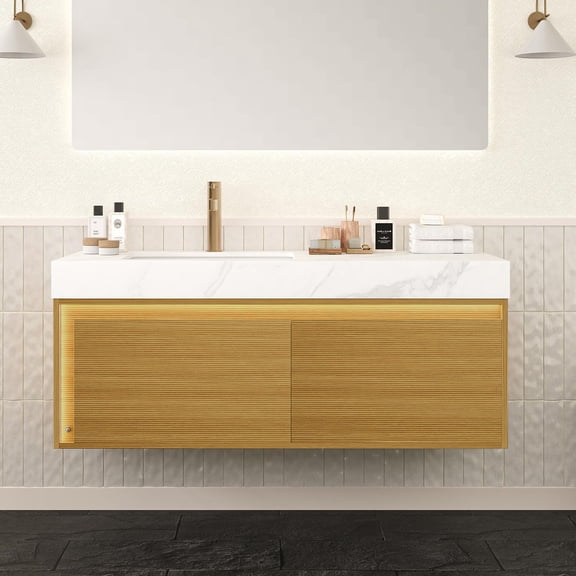 48" Sensor Light Bathroom Vanity - Floating Ultra-Slim Design, Pre-Assembled Stone Top & Basin