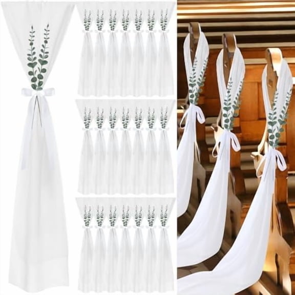 48 Set Wedding Aisle Chair Decorations for Wedding Ceremony Chiffon Pew Chair Sashes with Ribbons and Artificial Eucalyptus Stem Decor for Church pew Aisle Slipcovers Party Decorations
