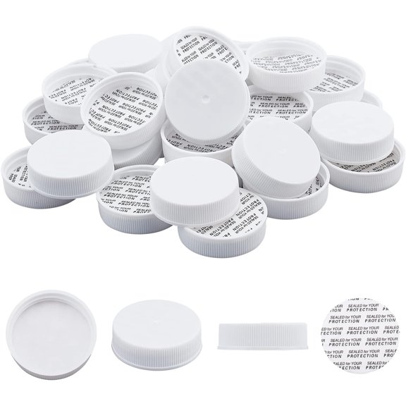 48 Sets 1.5 inch Plastic Bottle Caps Replacement White Bottle Protection Lids with Pressure-sensitive Pads for Sealing Drink Bottle Replacement Covers Craft Projects for diy