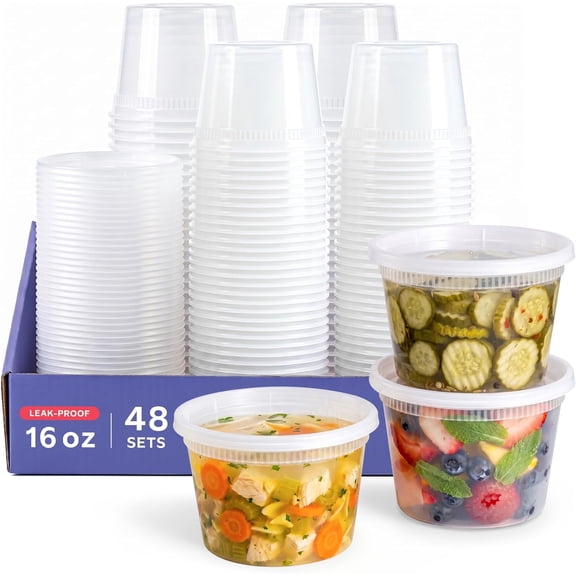 [48 Sets 16 oz. Plastic Deli Disposable Food Storage Containers With Airtight Lids (Formerly Comfy Package)