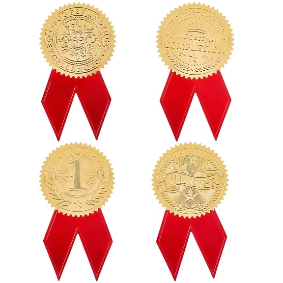 48 Sets 4 Styles Gold Foil Stickers with Red Ribbon Certificates Winner 2 Inch Excellence Successful Embossed Diploma Medals Decor Sticker