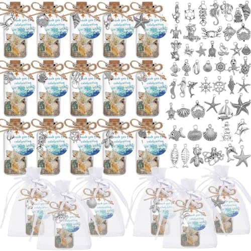 48 Sets Beach Wedding Favors for Guests Coastal Summer Beach Ornaments Personalized DIY Nautical Glass Message Bottle with Corks and Seashell Starfish Pendants for Wedding Party Favors Souvenirs