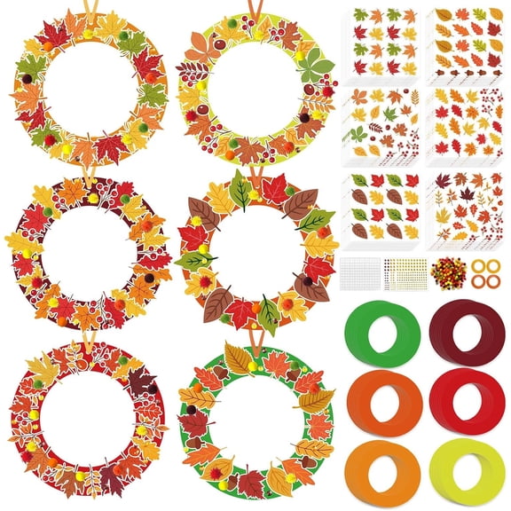 48 Sets Fall Wreath Craft Kits Autumn Leaves DIY Wreath Ornaments Maple Red Berries Oak Make Your Own Thanksgiving Wreath Craft with Stickers for Party Decor Activities