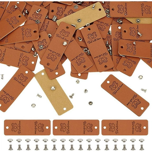 48 Sets PU Leather Label 2.2x0.8inch Hand Pattern Handmade Leather Labels for Crochet Items Chocolate Color Rectangle Embossed Crochet Tags with Rivets for Clothing DIY Knitting Crafts