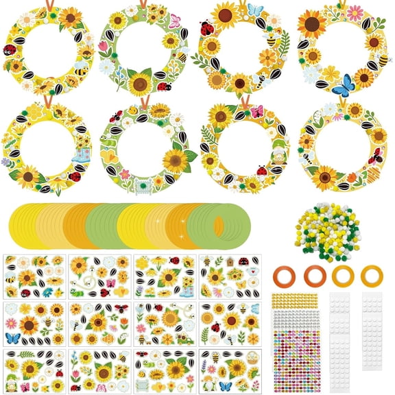 48 Sets Sunflower Wreath Craft Kits Summer Spring Daisy DIY Wreath Ornaments Make Your Own Paper Craft with Stickers for Party Decor Activities