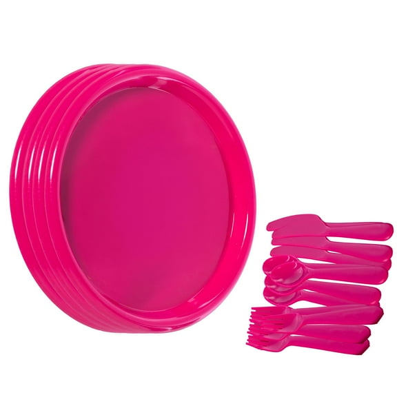48 Sets of Reusable Cutlery Plastic Plates, Spoons, Forks and Knives for Baby and Toddlers, Pink