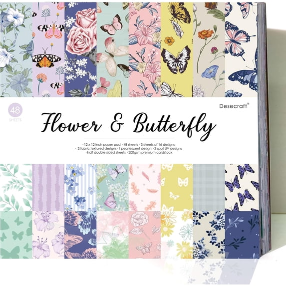 48 Sheets 12x12 Multicolored Cardstock Paper Pad - Flower & Butterfly ...