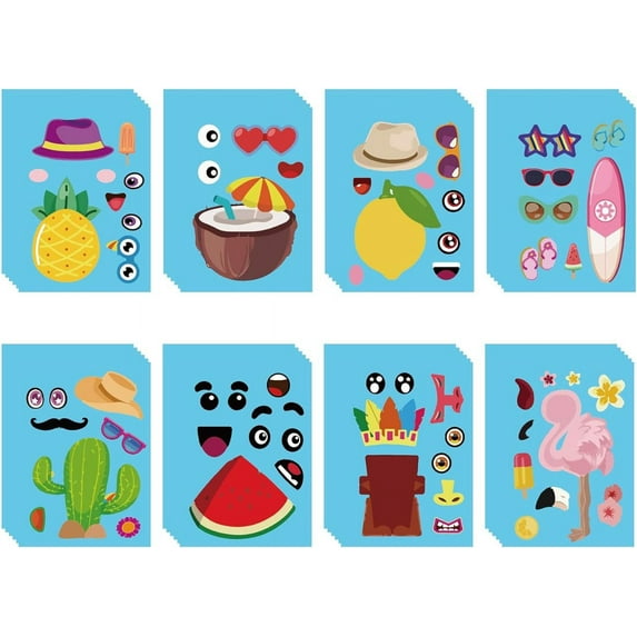 48 Sheets 8 Styles Hawaii Make a face Sticker Sheets Make Your Own Pineapple Flamingo Stickers Adhesive Summer