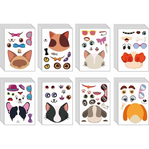 48 Sheets 8 Styles Make a Face Animal Stickers Make Your Own Dogs Cats Stickers Mix and Match Stickers Self Adhesive Decals for DIY