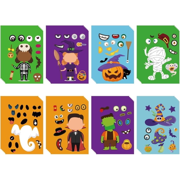 48 Sheets 8 Styles Make a Face Stickers Make Your Own Stickers Self Adhesive Characters Pumpkin Mummy Stickers for Party Favor Supplies Mixed Color