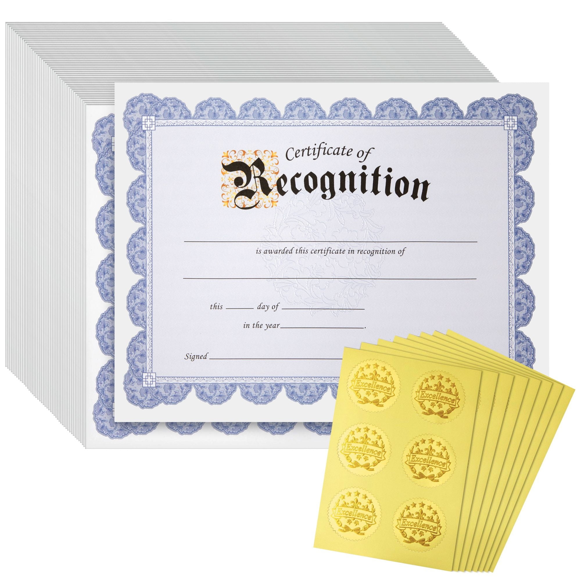 47860 Geographics Award Certificate Kit, 8.5 x 11 Blank Certificate Paper,  Gold Foil Seals & Blue Ribbon Stickers (Pack of 25)