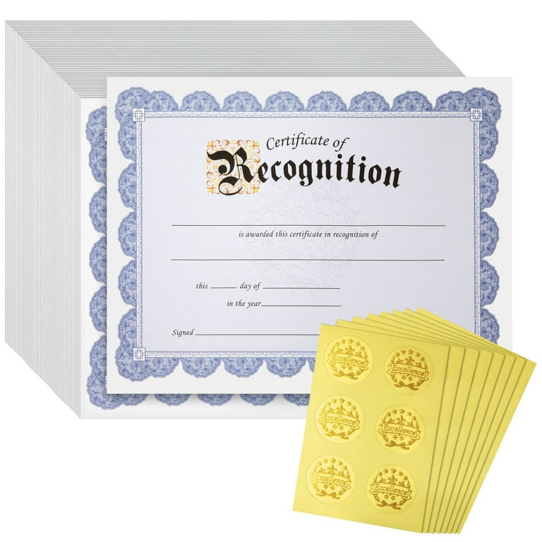 48 Sheets Blue Certificate of Recognition Award Paper with Gold Foil Sticker Seals for Graduation Diploma, Achievements, 8.5 x 11 in, White