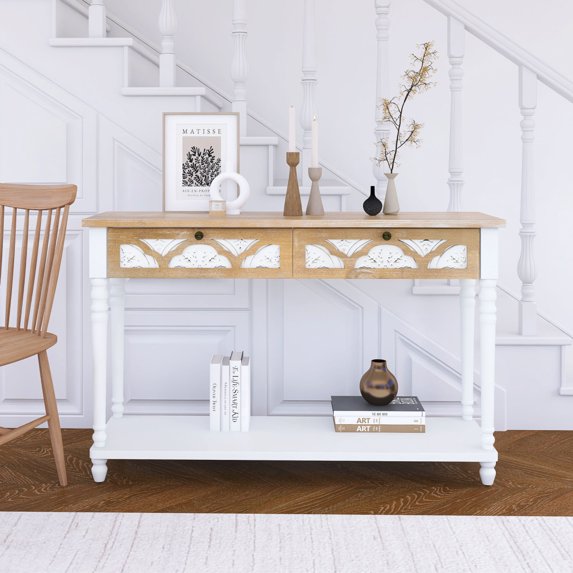 48" Sideboard Buffet Cabinet with Hand-Carved, Entryway Cabinet with 2 Drawers and 1 Bottom Shelf, Cupboard Console Table for Kitchen, Dining Room, Living Room, Bedroom, Natural+White
