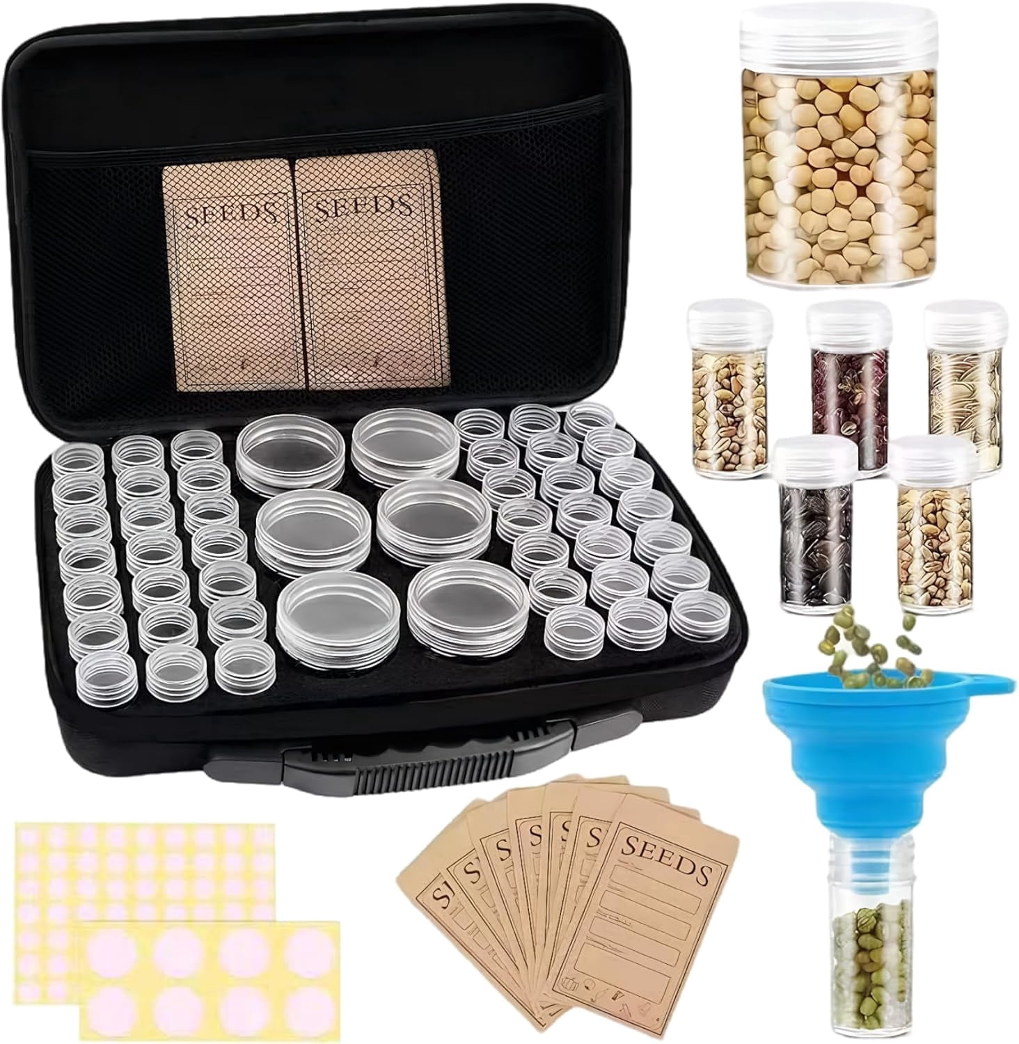 Black Seed Storage Box Portable Zippered Seed Organizer with 48 Bottles & 7 Bags & Funnel Waterproof Container ideal for Garden Greenhouse Home
