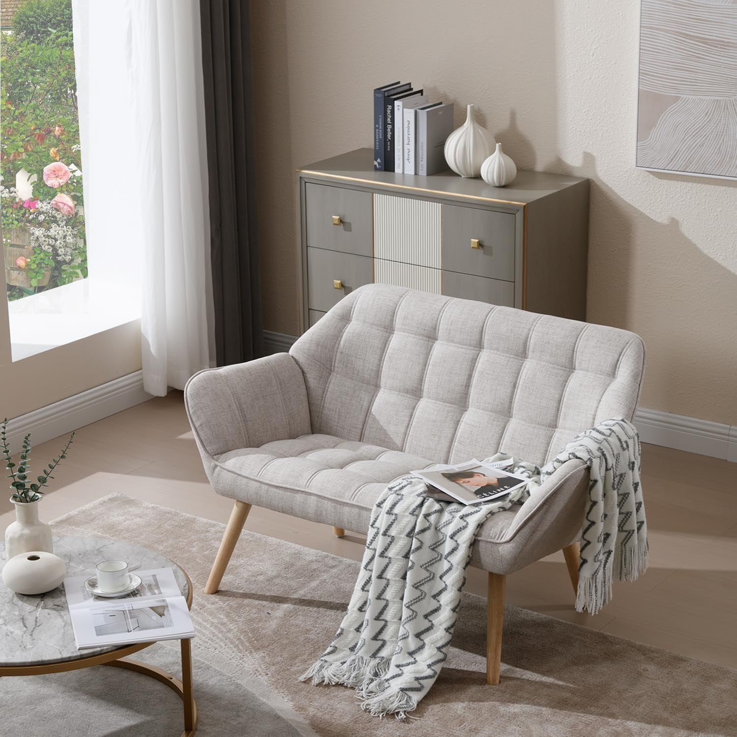 48" Small Loveseat for Small Spaces, Upholstered Durable Linen Fabric ...