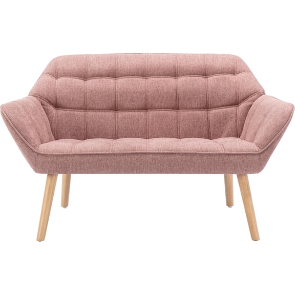 48" Small Loveseat Sofa, Mid Century Modern Linen Love Seat with Wood Legs 2-Seat Sofa Couch Tufted Wingback Upholstered Sofa Chair for Living Room Bedroom Apartment, Pink