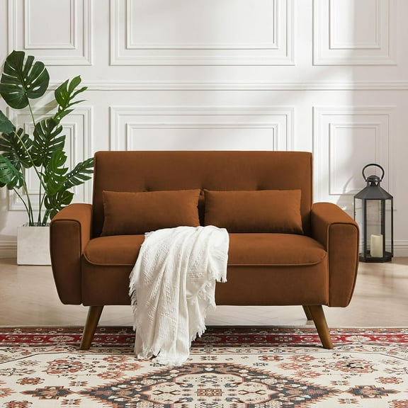 48" Small Loveseat Sofa, Modern Linen Fabric Love Seat Couch, Upholstered 2-Seat Sofa with 2 Pillows and Wood Legs for Living Room, Apartment, Bedroom and Small Spaces,Orange