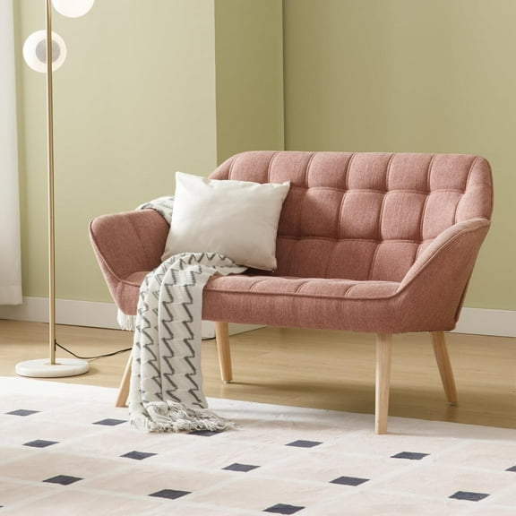 48" Small Loveseat Sofa, Modern Linen Fabric Mini Sofa Couch 2-Seater Love Seat with Quilting Backs and Wood Legs for Living Room, Bedroom and Small Space, Pink