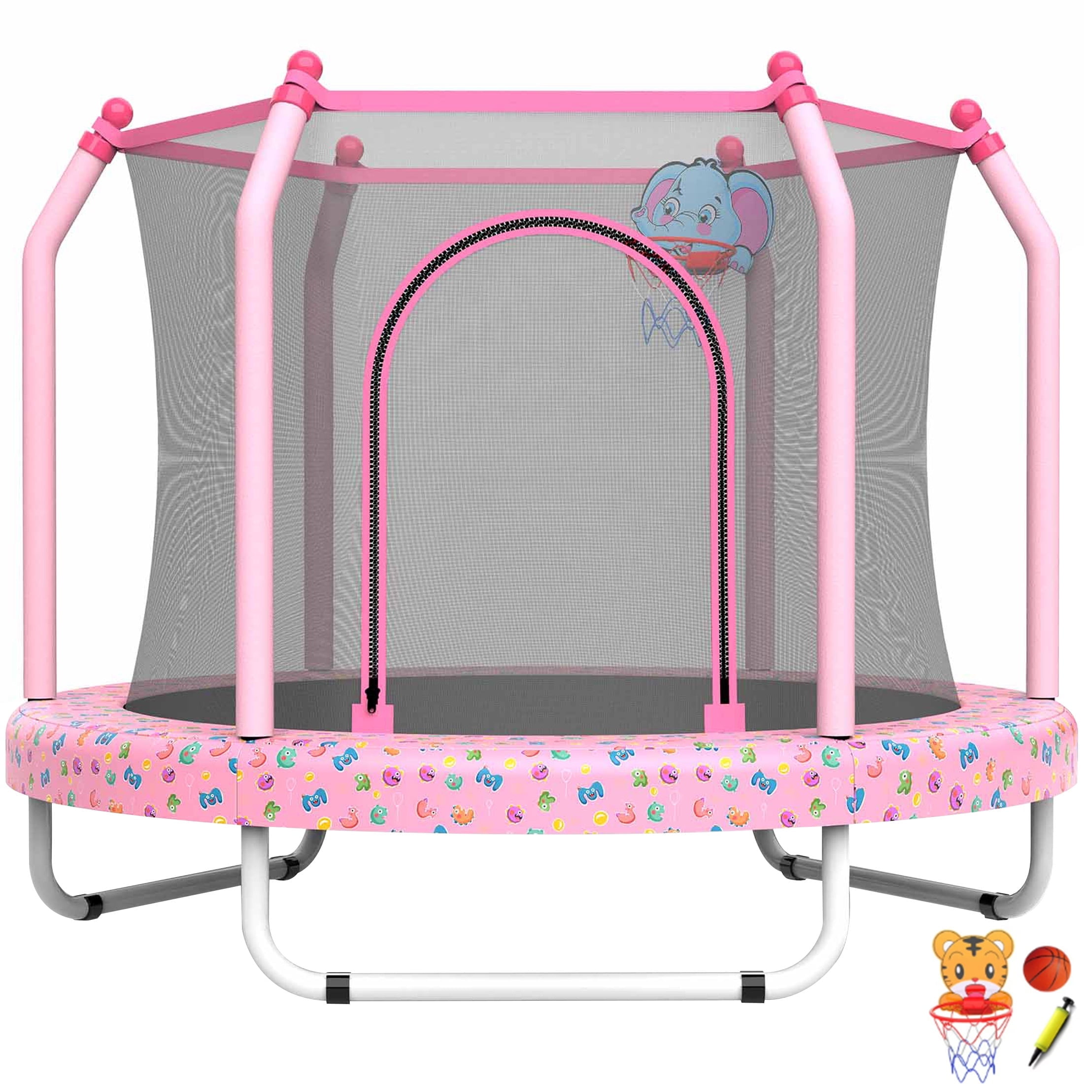55" Trampoline with Enclosure for Kids, SEGMART Indoor Outdoor Toddler Trampoline with Basketball, Indoor Outdoor Kids Trampoline with Basketball Hoop, Small Round Trampoline for Boys Girls