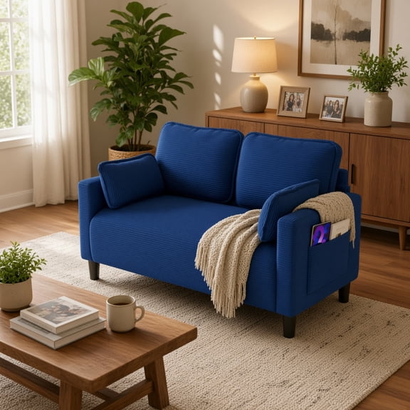 48" Soft Corduroy Loveseat Couch with Soft Cushions, Side Storage Pocket, Sturdy Composite Board & Solid Wood Frame, High Rebound Sponge, Easy Assembly, Ideal for Living Room, Apartment, Office, Blue