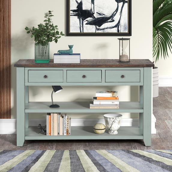 48'' Solid Pine Wood Top Console Table, Entryway/Sofa Table with 3 Drawers & 2 Shelves (Retro Blue + Brown Top, Easy Assembly)