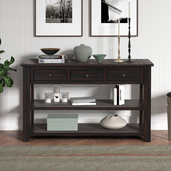 48'' Solid Pine Wood Top Console Table, Modern Entryway Sofa Side Table with 3 Storage Drawers and 2 Shelves. Easy to Assemble (Distressed Black ) (Old SKU:W120246665)