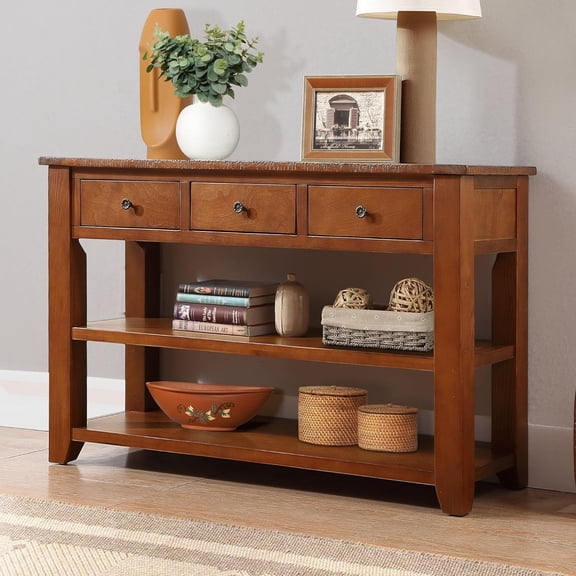 48'' Solid Pine Wood Top Console Table, Modern Entryway Sofa Side Table with 3 Storage Drawers and 2 Shelves. Easy to Assemble (Brown)